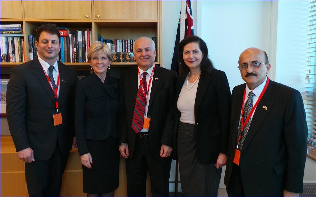 From left: Mr. Paul Azzo, the Honorable Julie Bishop MP, Minister for Foreign Affairs, Mr. David David, Senator Concetta Fierravanti-Wells, Mr. Hermiz Shahen (AINA photo).