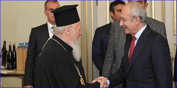 CHP leader Kemal K?l?Ã§daro?lu (R) shake hands with Greek Orthodox Patriarch Bartholomew in ?stanbul on Monday (Photo: Cihan).