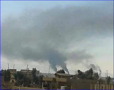 The Assyrian church of Mar Bisho on fire, in Tel Shamiran, Syria.