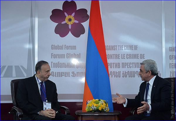 Speaker of the People's Council of Syria Mohammad Jihad al-Laham (left) meets with Armenian President Serzh Sarkisian in Yerevan. April 22, 2015.