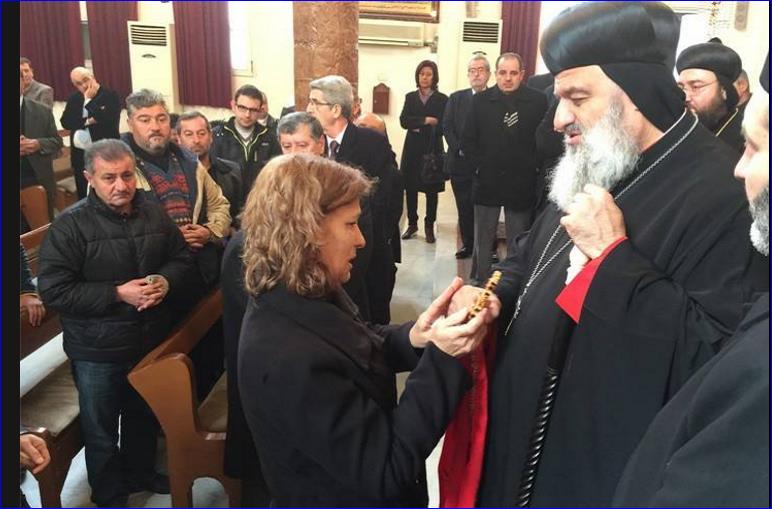 Syriac Orthodox Patriarch Ignatius Ephrem II meets with family members of the victims of the restaurant bombings in Qamishli.