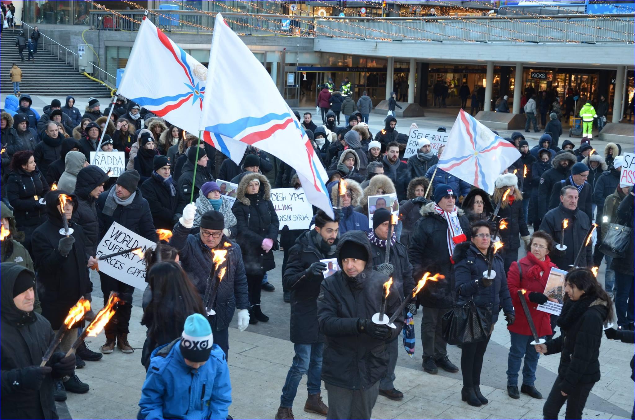 Assyrians in Stockholm demonstrating against Kurdish attacks on Assyrians in Syria.