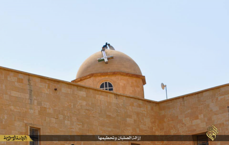 ISIS members destroying the St. George Catholic Monastery in Mosul, Iraq (photo: ISIS twitter).
